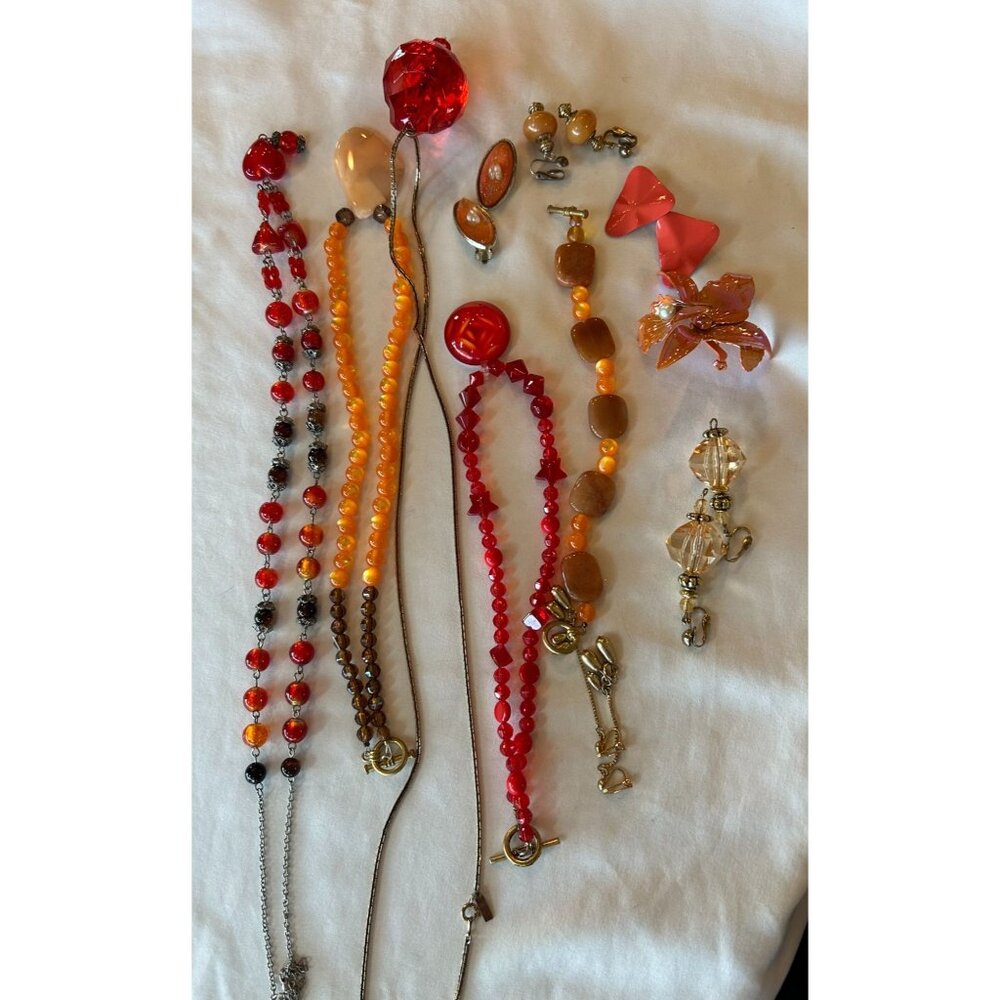 Vintage Red & Orange Beaded Necklace, Bracelet & Clip Earrings Jewelry Lot #2 - - Picture 2 of 5